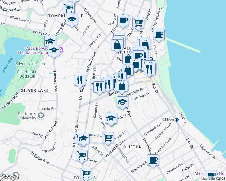 map of restaurants, bars, coffee shops, grocery stores, and more near 171 Broad Street in Staten Island