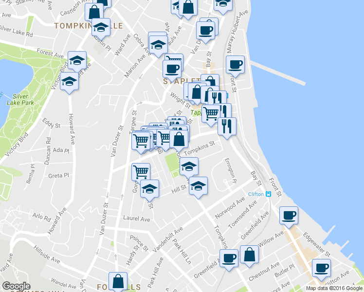 map of restaurants, bars, coffee shops, grocery stores, and more near 112B Broad Street in Staten Island