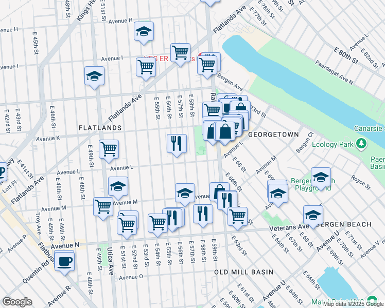 map of restaurants, bars, coffee shops, grocery stores, and more near 1234 East 58th Street in Brooklyn