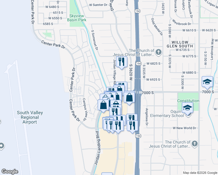 map of restaurants, bars, coffee shops, grocery stores, and more near 6956 Jordan Close Circle in West Jordan