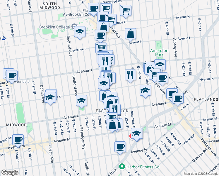 map of restaurants, bars, coffee shops, grocery stores, and more near 3001 Avenue K in Brooklyn