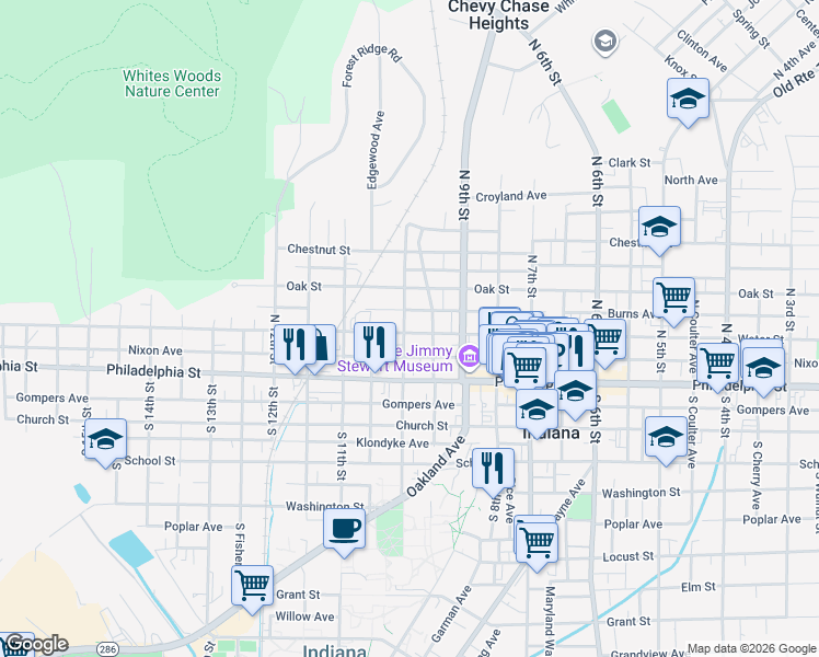 map of restaurants, bars, coffee shops, grocery stores, and more near 967 Water Street in Indiana
