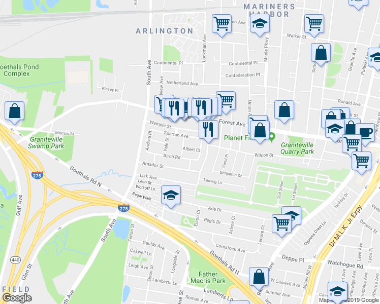 map of restaurants, bars, coffee shops, grocery stores, and more near 26 Albert Court in Staten Island