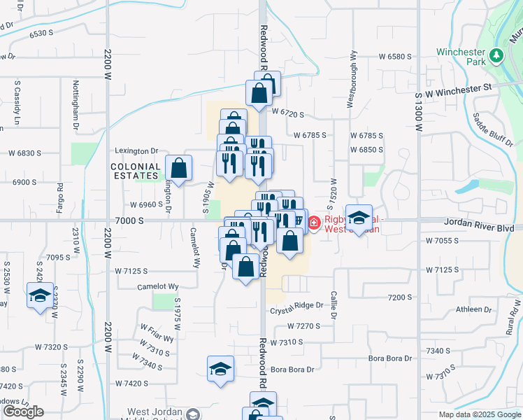 map of restaurants, bars, coffee shops, grocery stores, and more near 6968 South Redwood Road in West Jordan
