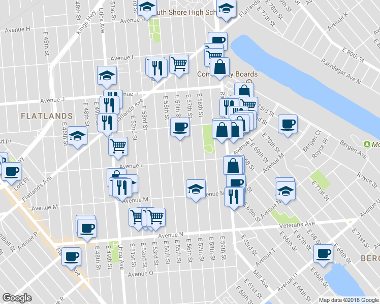 map of restaurants, bars, coffee shops, grocery stores, and more near 1168 East 57th Street in Brooklyn