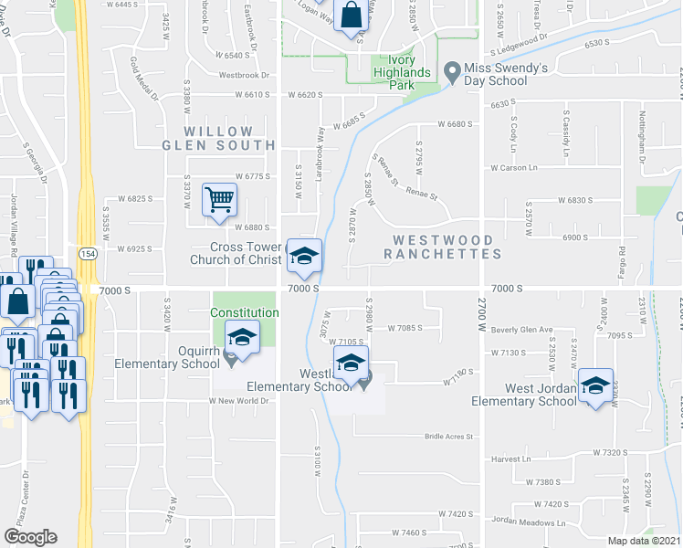 map of restaurants, bars, coffee shops, grocery stores, and more near 3041 Leisure Villas Court in West Jordan