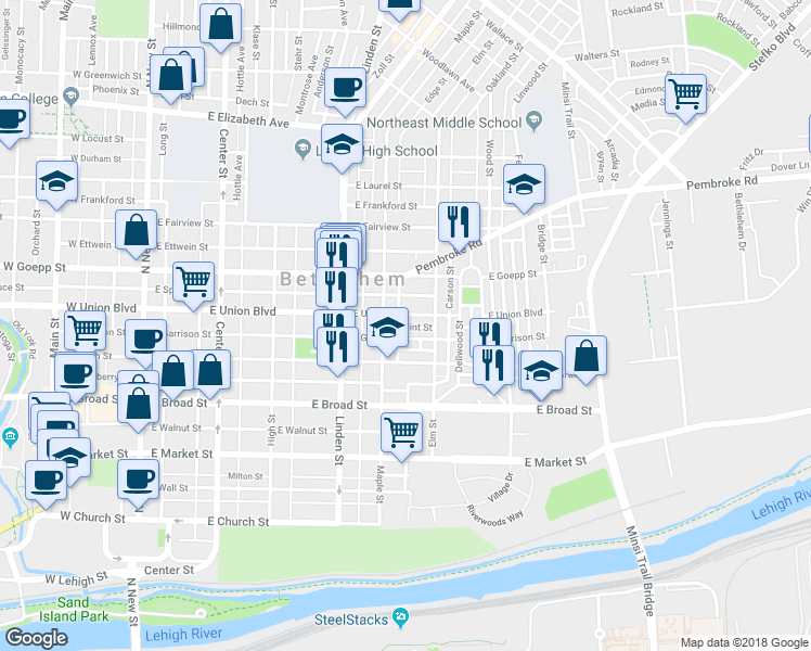 map of restaurants, bars, coffee shops, grocery stores, and more near 499 Flint Street in Bethlehem