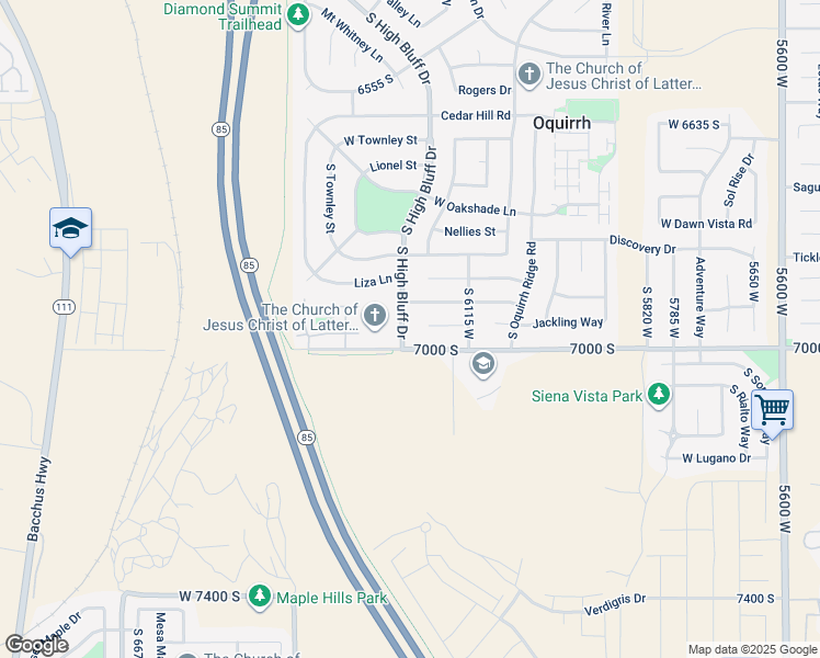 map of restaurants, bars, coffee shops, grocery stores, and more near 6969 South High Bluff Drive in West Jordan