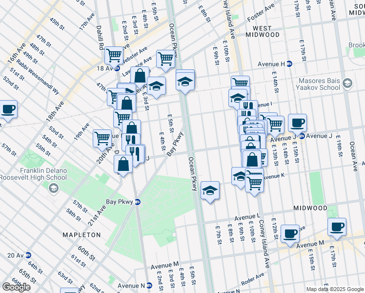 map of restaurants, bars, coffee shops, grocery stores, and more near 996 Ocean Parkway in Brooklyn