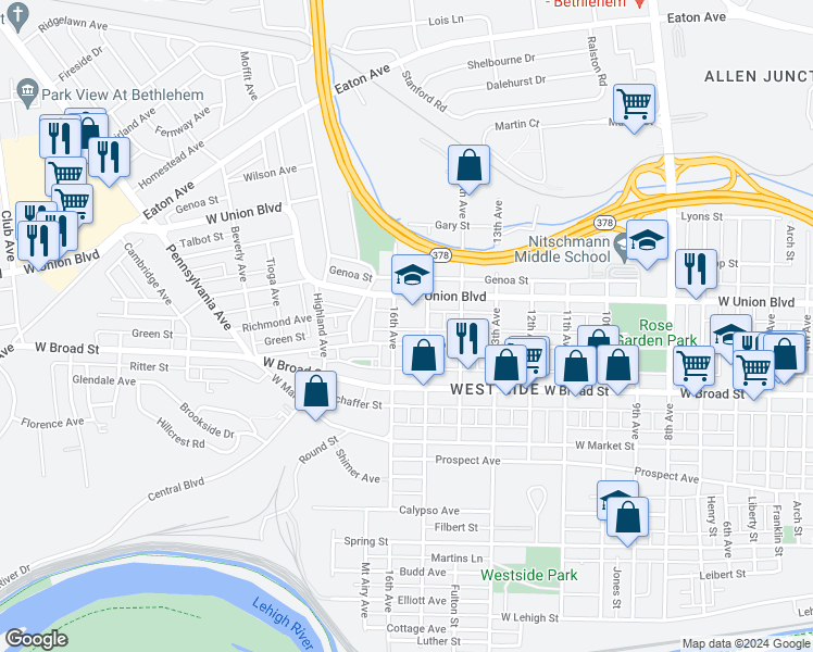 map of restaurants, bars, coffee shops, grocery stores, and more near 1600 West Burton Street in Bethlehem