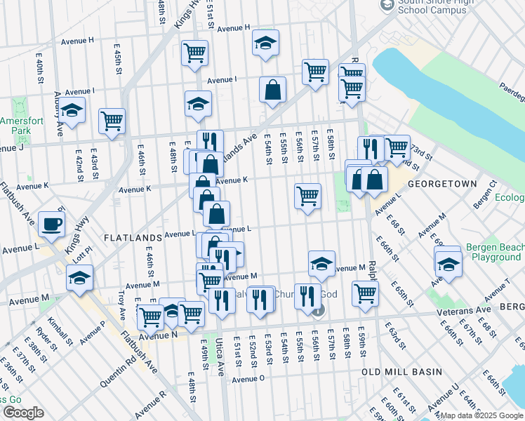 map of restaurants, bars, coffee shops, grocery stores, and more near 1397 East 53rd Street in Brooklyn