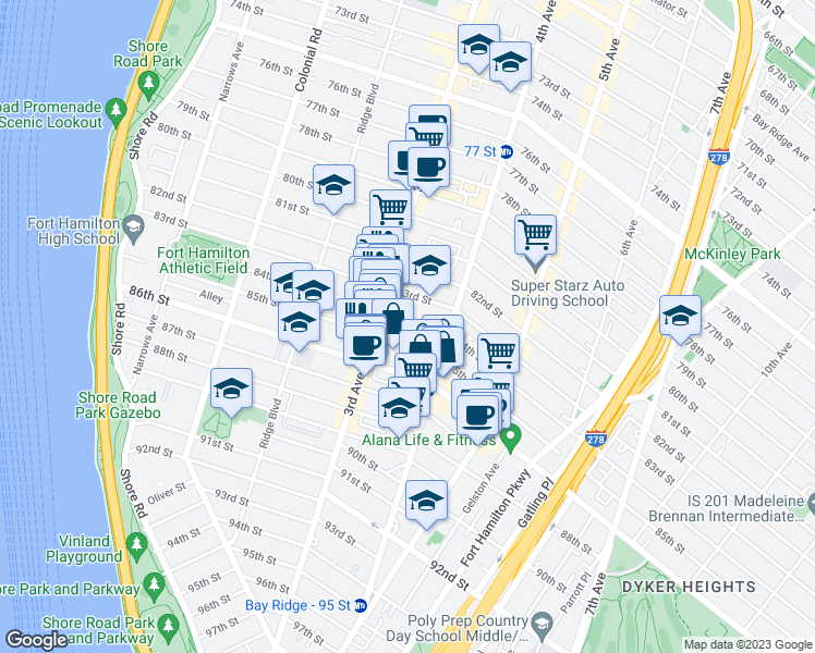 map of restaurants, bars, coffee shops, grocery stores, and more near 336 84th Street in Brooklyn