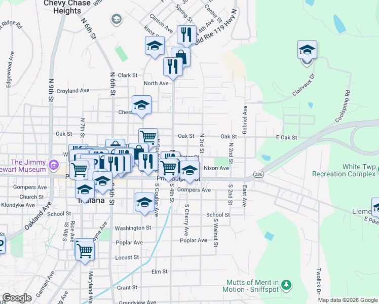map of restaurants, bars, coffee shops, grocery stores, and more near 118 Cherry Run Lane in Indiana