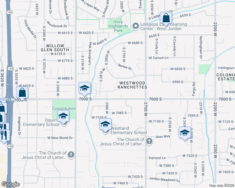 map of restaurants, bars, coffee shops, grocery stores, and more near 2901 Abbey Springs Circle in West Jordan