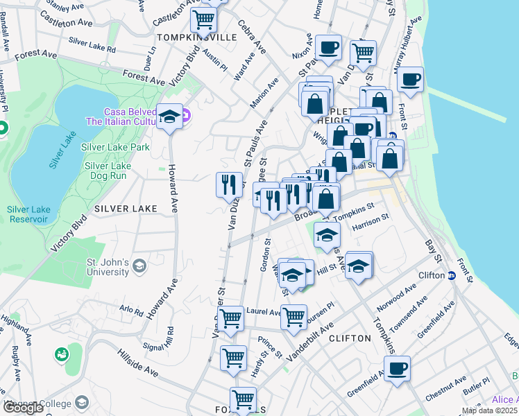 map of restaurants, bars, coffee shops, grocery stores, and more near 101 Targee Street in Staten Island