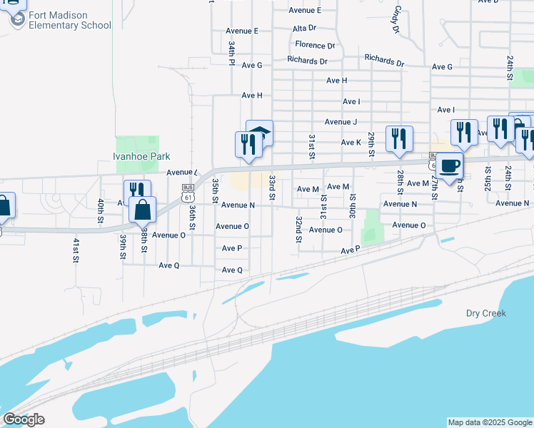 map of restaurants, bars, coffee shops, grocery stores, and more near 1409 33rd Street in Fort Madison