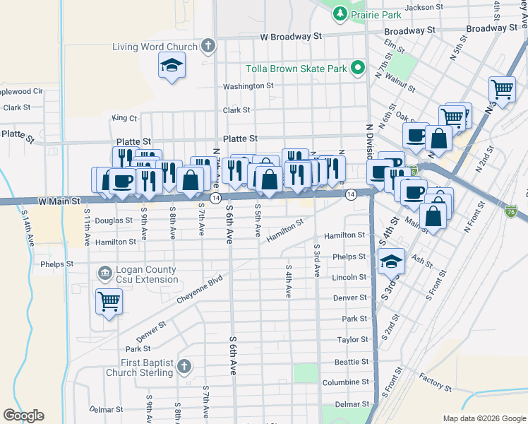 map of restaurants, bars, coffee shops, grocery stores, and more near 428 Douglas Street in Sterling