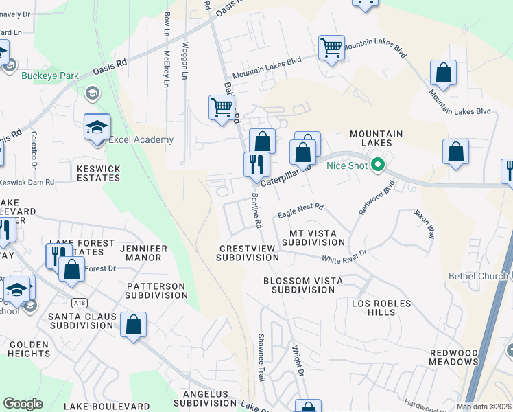 map of restaurants, bars, coffee shops, grocery stores, and more near 1273 Beltline Road in Redding