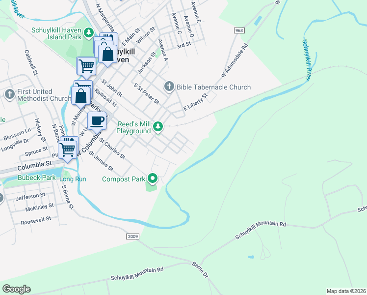 map of restaurants, bars, coffee shops, grocery stores, and more near 24 Arch Street in Schuylkill Haven
