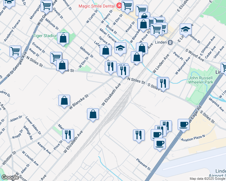 map of restaurants, bars, coffee shops, grocery stores, and more near 1002W West Elizabeth Avenue in Linden