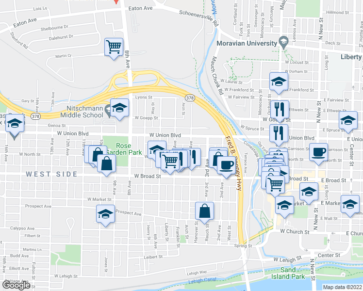 map of restaurants, bars, coffee shops, grocery stores, and more near 559 West Garrison Street in Bethlehem