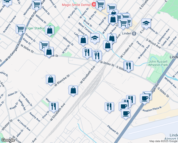 map of restaurants, bars, coffee shops, grocery stores, and more near 1001 West Elizabeth Avenue in Linden