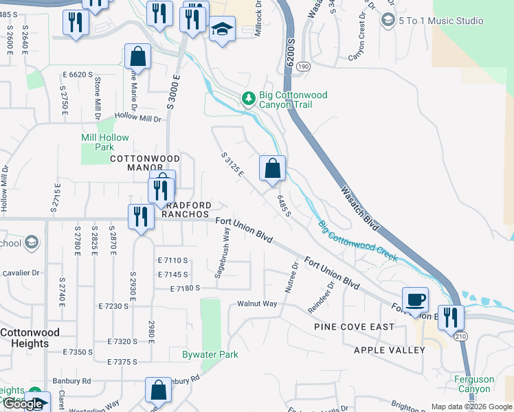map of restaurants, bars, coffee shops, grocery stores, and more near 3247 Cara Court in Cottonwood Heights