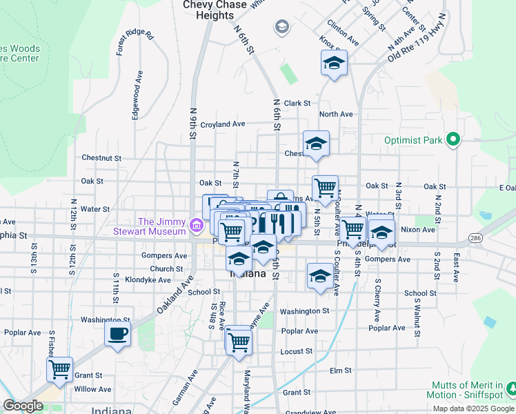 map of restaurants, bars, coffee shops, grocery stores, and more near 635 Water Street in Indiana
