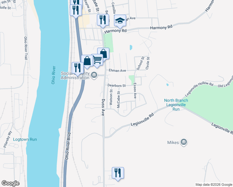 map of restaurants, bars, coffee shops, grocery stores, and more near 3775 McCabe Street in Baden