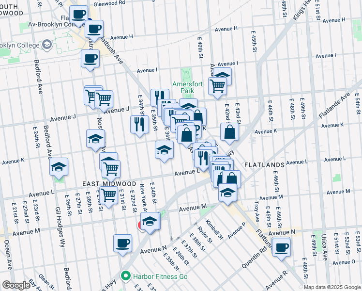 map of restaurants, bars, coffee shops, grocery stores, and more near 1289 East 37th Street in Brooklyn