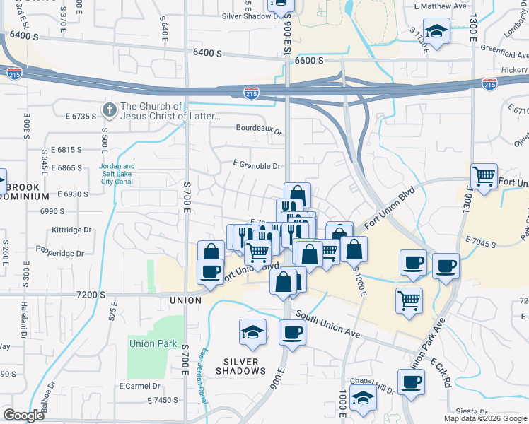 map of restaurants, bars, coffee shops, grocery stores, and more near 6962 South 880 East in Midvale