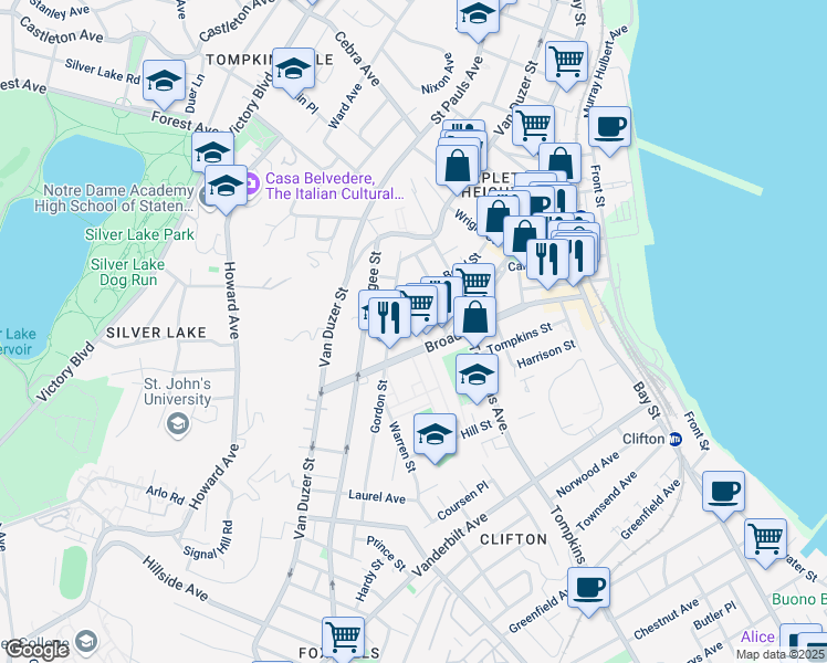 map of restaurants, bars, coffee shops, grocery stores, and more near 30 Hudson Street in Staten Island