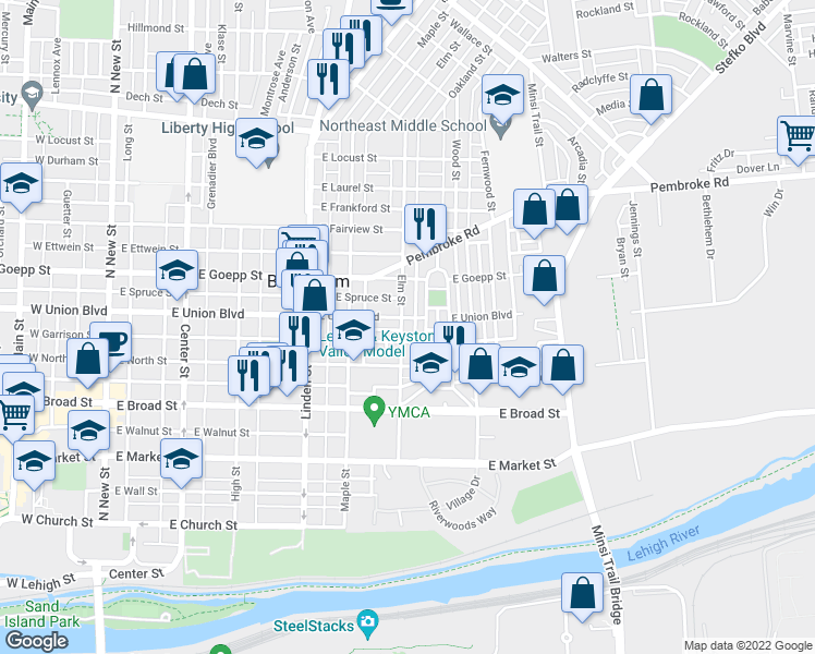 map of restaurants, bars, coffee shops, grocery stores, and more near 738 Elm Street in Bethlehem