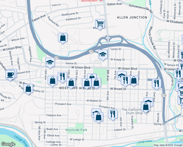 map of restaurants, bars, coffee shops, grocery stores, and more near 721 10th Avenue in Bethlehem