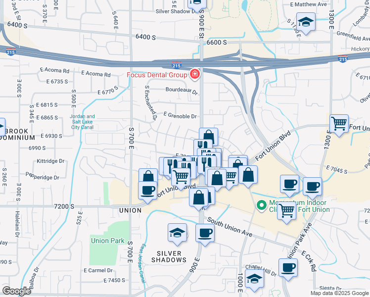 map of restaurants, bars, coffee shops, grocery stores, and more near 6969 South 855 East in Midvale