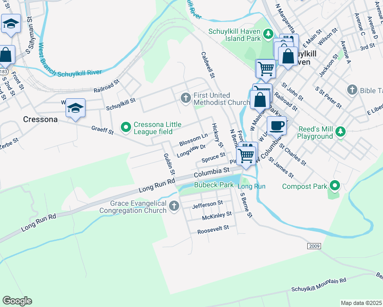map of restaurants, bars, coffee shops, grocery stores, and more near 35 Longview Drive in Schuylkill Haven