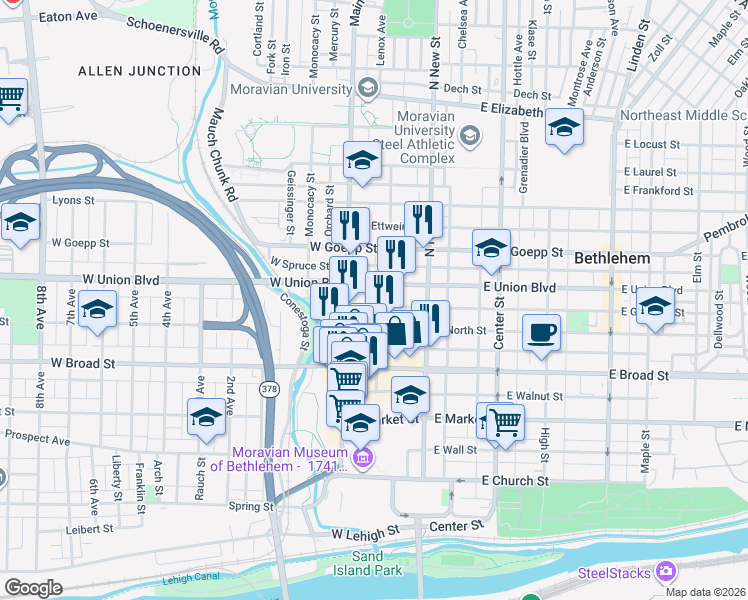 map of restaurants, bars, coffee shops, grocery stores, and more near 70 West Garrison Street in Bethlehem