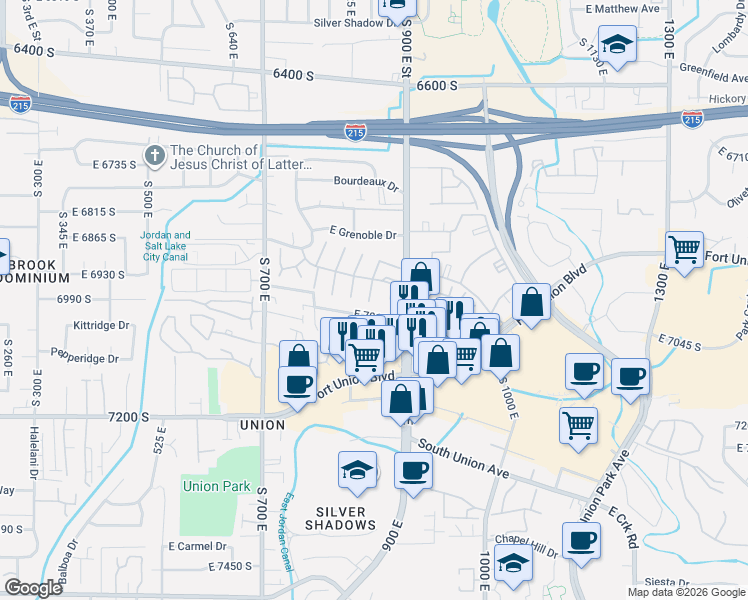 map of restaurants, bars, coffee shops, grocery stores, and more near 6969 South 855 East in Midvale