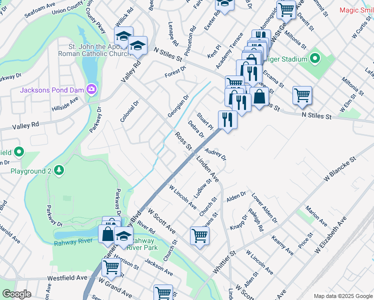 map of restaurants, bars, coffee shops, grocery stores, and more near 862 Ross St in Rahway