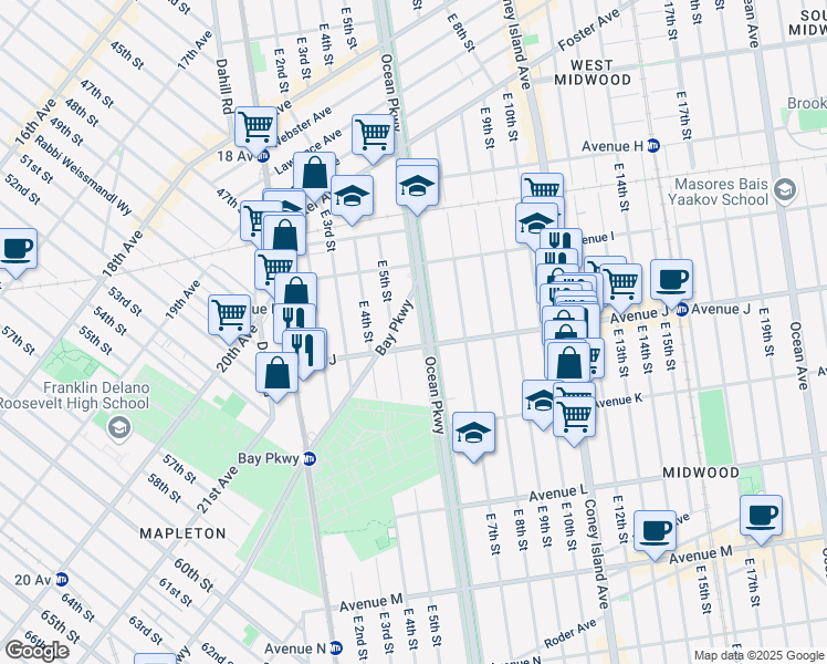 map of restaurants, bars, coffee shops, grocery stores, and more near 1000 Ocean Parkway Service Road in Brooklyn
