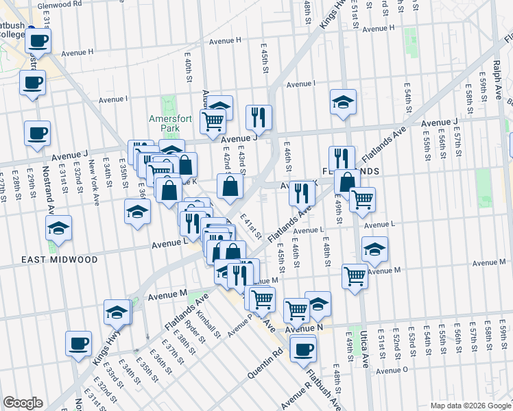 map of restaurants, bars, coffee shops, grocery stores, and more near 1954 Troy Avenue in Brooklyn
