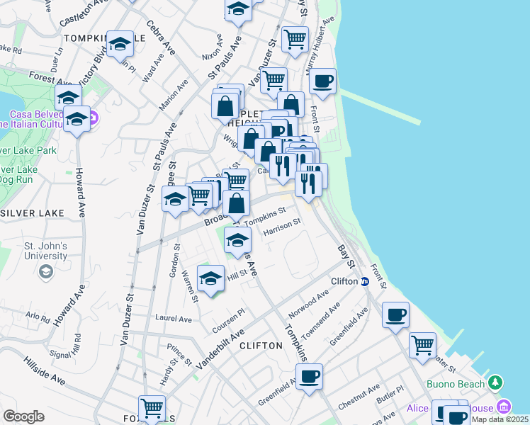 map of restaurants, bars, coffee shops, grocery stores, and more near 47 Tompkins Street in Staten Island