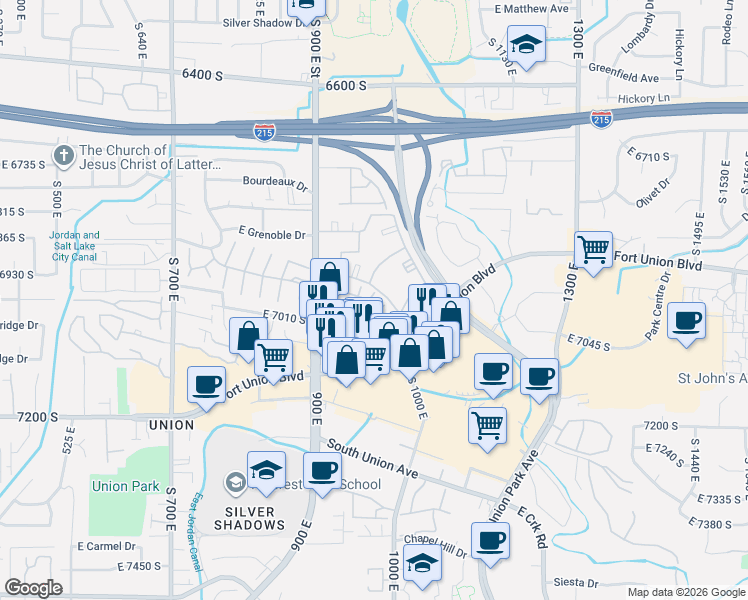 map of restaurants, bars, coffee shops, grocery stores, and more near 975 Essex Court Way in Midvale