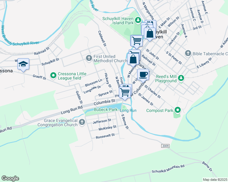map of restaurants, bars, coffee shops, grocery stores, and more near 66 Hickory Street in Schuylkill Haven