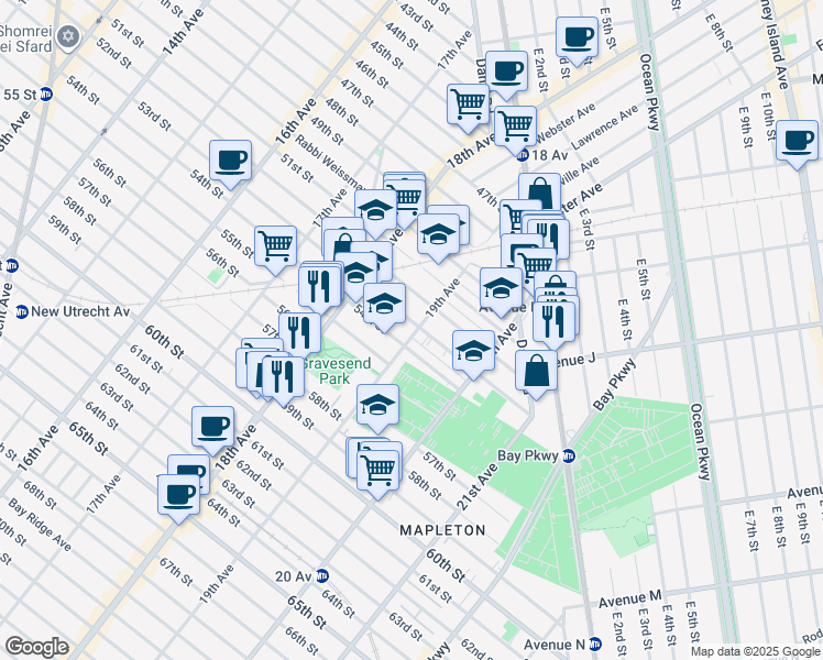 map of restaurants, bars, coffee shops, grocery stores, and more near 5306 19th Avenue in Brooklyn