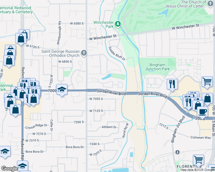 map of restaurants, bars, coffee shops, grocery stores, and more near 1164 West Old Hollow Way in West Jordan
