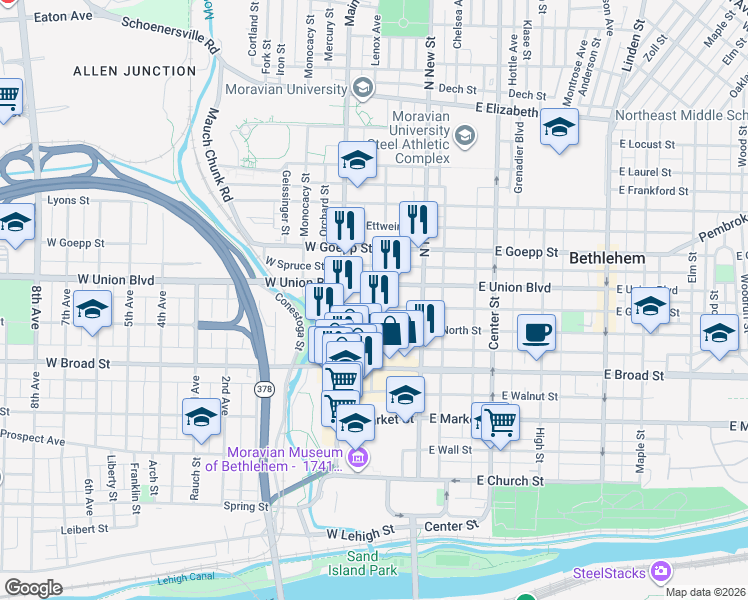 map of restaurants, bars, coffee shops, grocery stores, and more near 70 West Garrison Street in Bethlehem