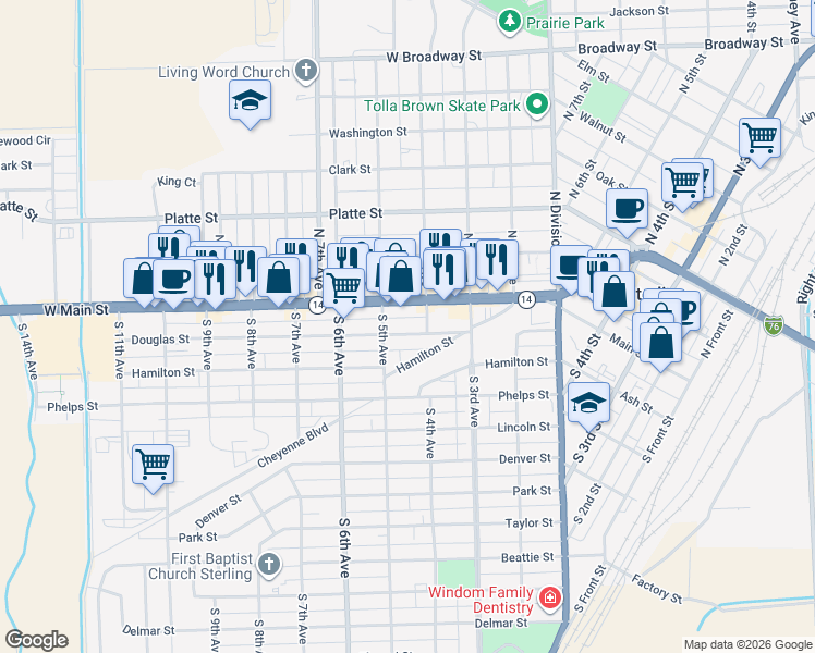 map of restaurants, bars, coffee shops, grocery stores, and more near 428 Douglas Street in Sterling