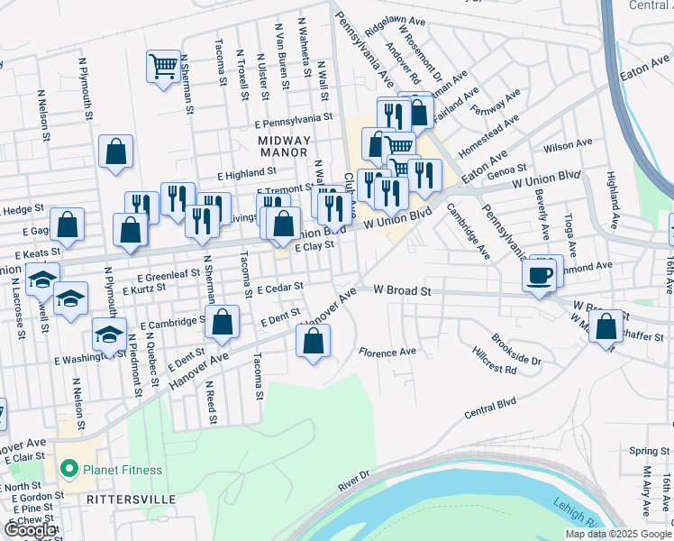 map of restaurants, bars, coffee shops, grocery stores, and more near 851 North Wahneta Street in Allentown