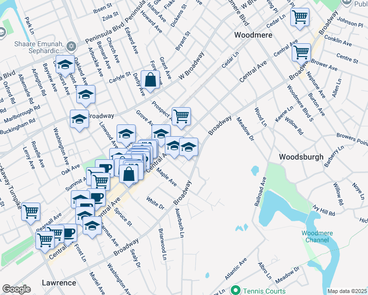 map of restaurants, bars, coffee shops, grocery stores, and more near 82 Grove Avenue in Cedarhurst